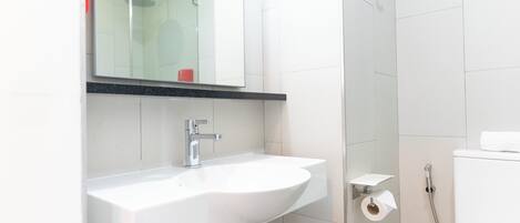 A modern bathroom with a white sink, a mirror above it, a shower area, and a toilet.