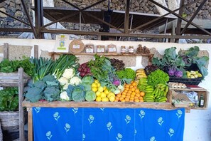 A produce stand with various vegetables and grains, a blue tablecloth, and a stone wall background.