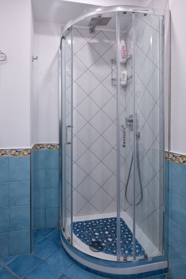 A glass-enclosed shower stall with a tiled floor, a showerhead, and a handrail.
