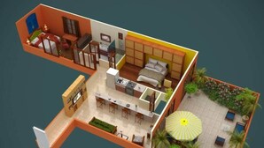 Un modèle 3D d’une maison comprenant une cuisine, un coin repas, une chambre et un petit patio extérieur avec un parasol.
