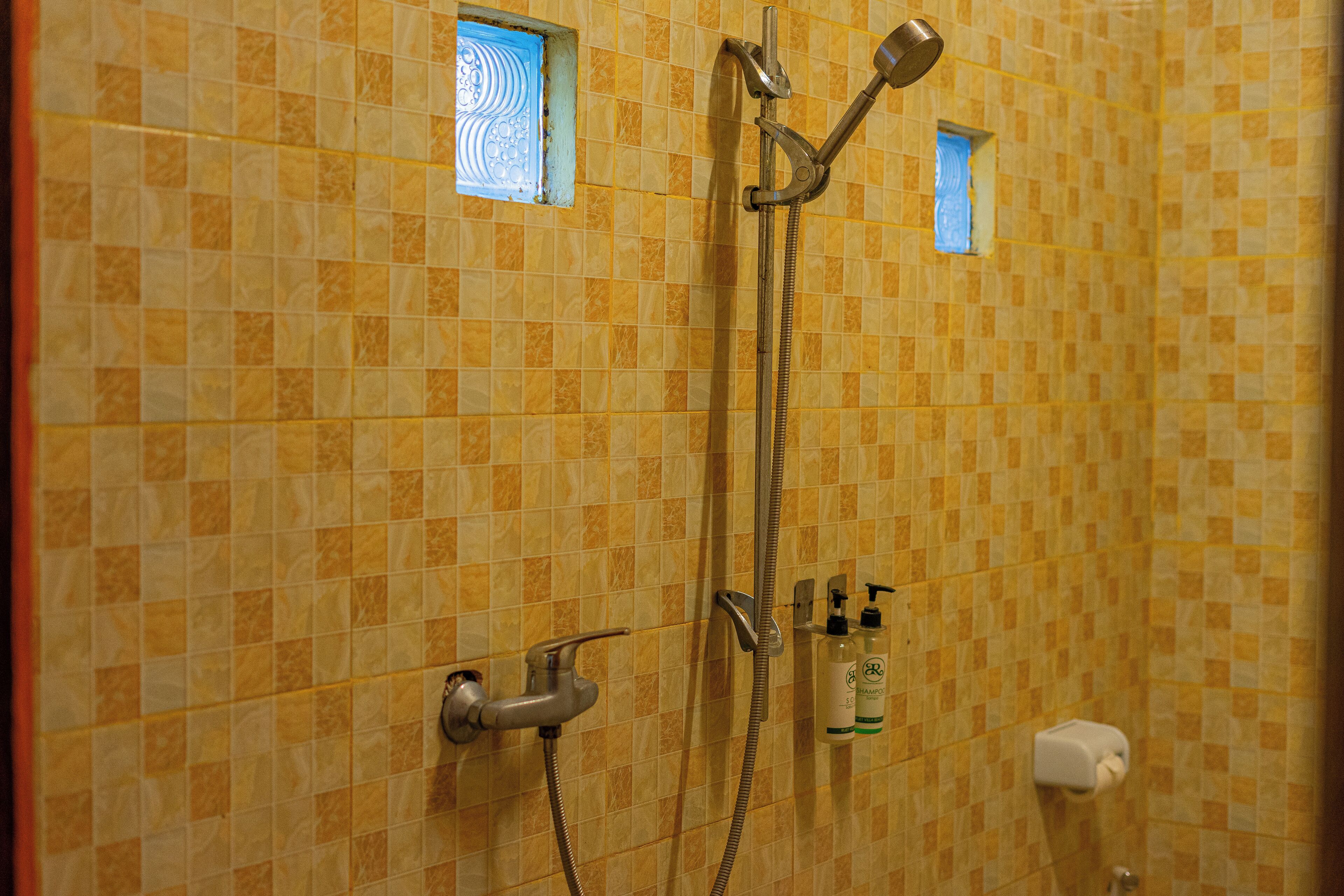 A shower area with tiled walls, a handheld showerhead, a wall-mounted faucet, and a soap dispenser.