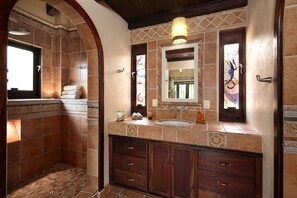 Hair dryer, towels, soap, shampoo