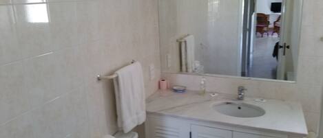 Une salle de bain avec un lavabo blanc, un miroir et un meuble.