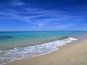 Una playa con agua azul cristalina y una orilla arenosa.