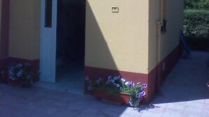 A building with a yellow facade, a door, and a small window. There are flower boxes with purple flowers at the base of the building.