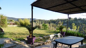 Un patio al aire libre con una mesa y sillas, rodeado de macetas con plantas y vistas a un paisaje montañoso.