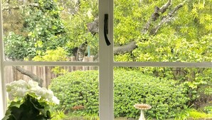 Una cocina con ventana que da a un jardín.