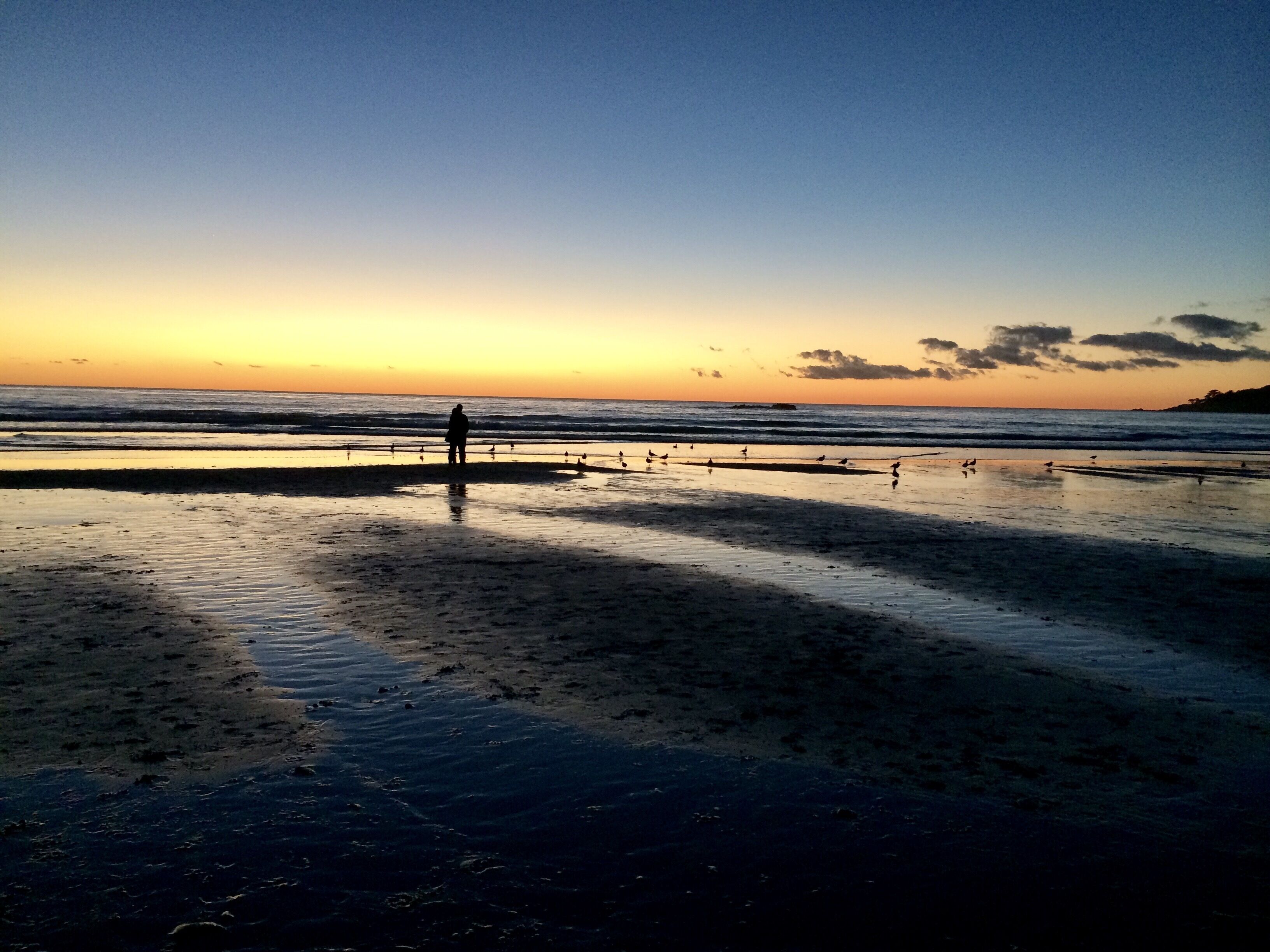 A beach at sunset with a person standing on the sand, birds on the shore, and waves in the background.