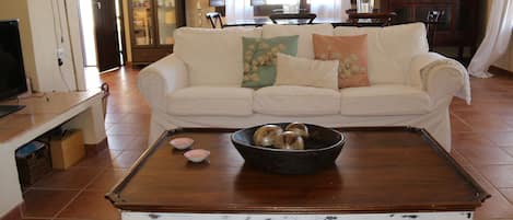 TV, fireplace, books, stereo