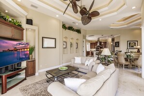 Téléviseur connecté, foyer, lecteur de DVD, livres