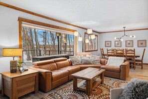 Smart TV, fireplace, books, stereo