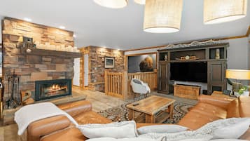 Smart TV, caminetto, libri, impianto stereo