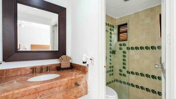 Chuveiro, produtos de toalete grátis, secador de cabelo