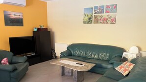 Een woonkamer met een groene bank, een salontafel, een televisie en een radiator.
