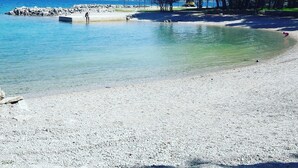 A pebble beach with clear water, a rocky breakwater, and a line of trees.