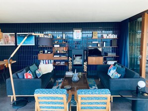 Télévision, cheminée, lecteur de DVD, livres