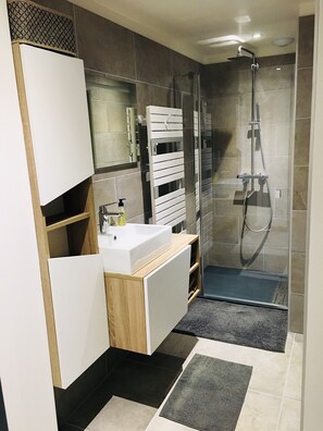 Douche, séchoir à cheveux, serviettes fournies, papier de toilette