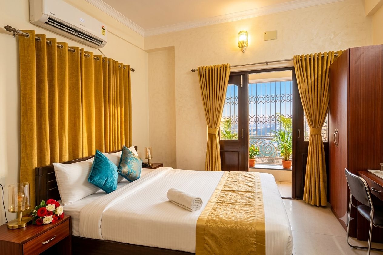 Une chambre d’hôtel avec un lit, des rideaux, un bureau et une fenêtre donnant sur un paysage agréable.