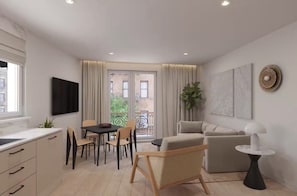 Uma sala de estar moderna com sofá, mesa de jantar com cadeiras, TV na parede e varanda com cortinas.