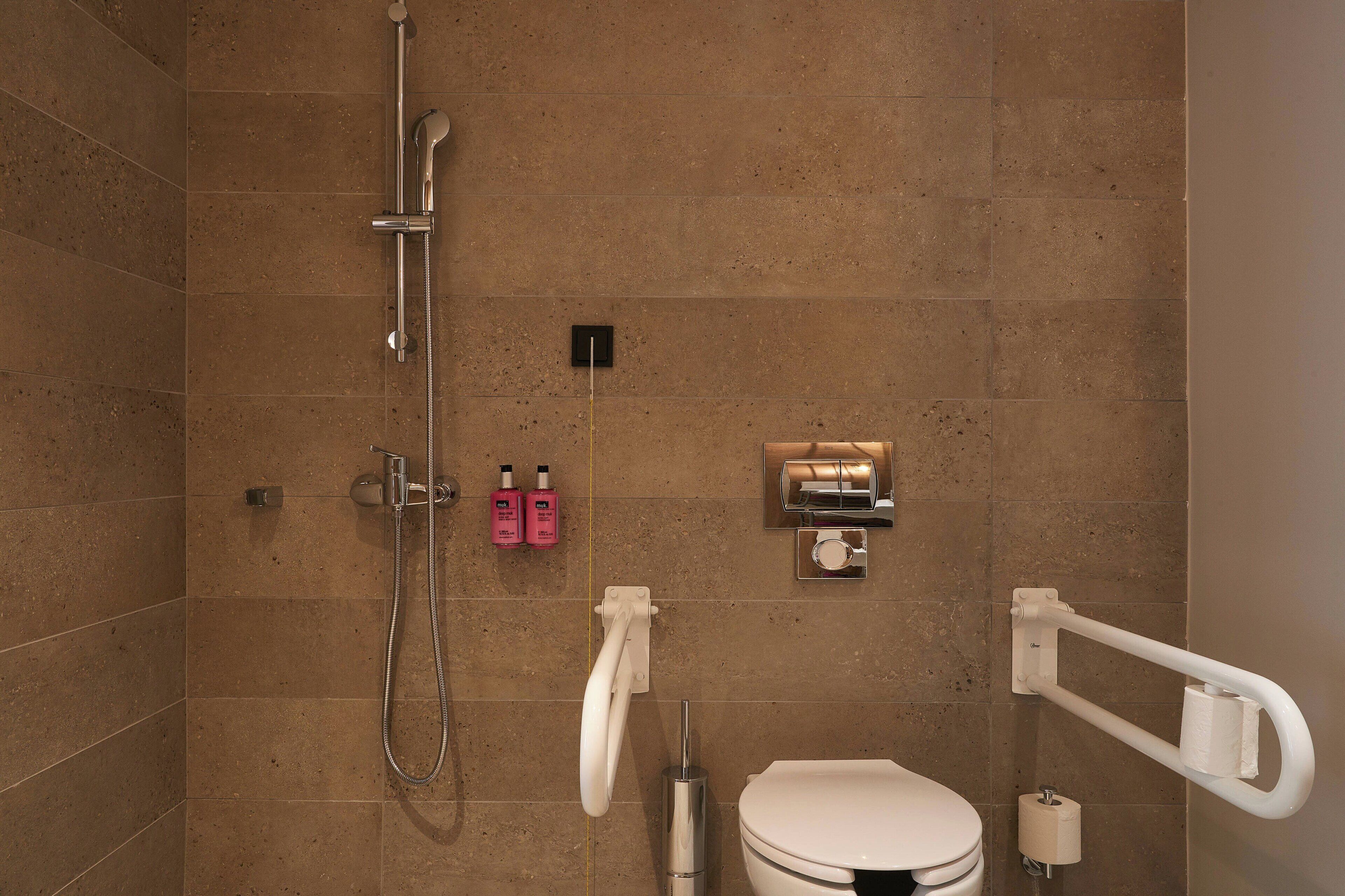 A bathroom with a shower, toilet, and handrails.
