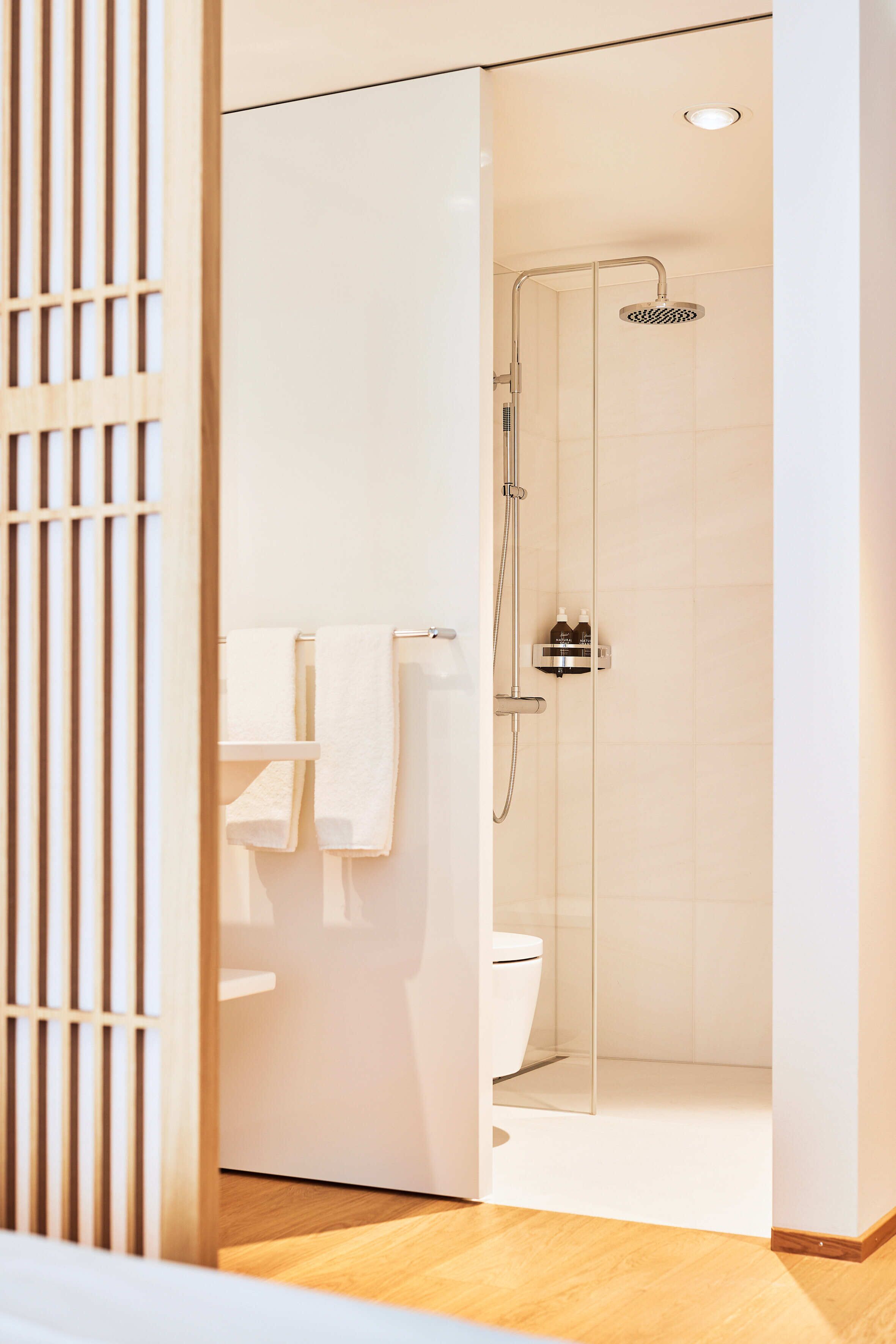 A modern bathroom with a glass shower enclosure, a toilet, and a towel rack.