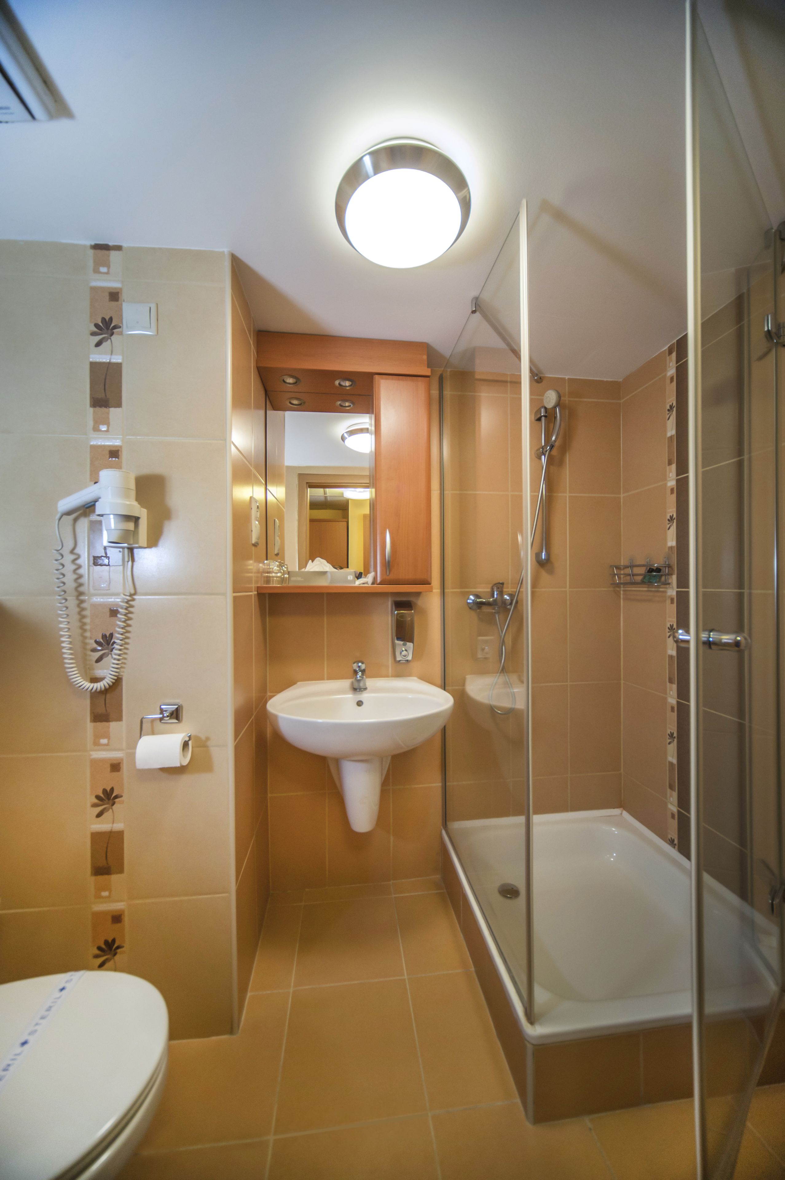 Un baño con inodoro, lavamanos y ducha.