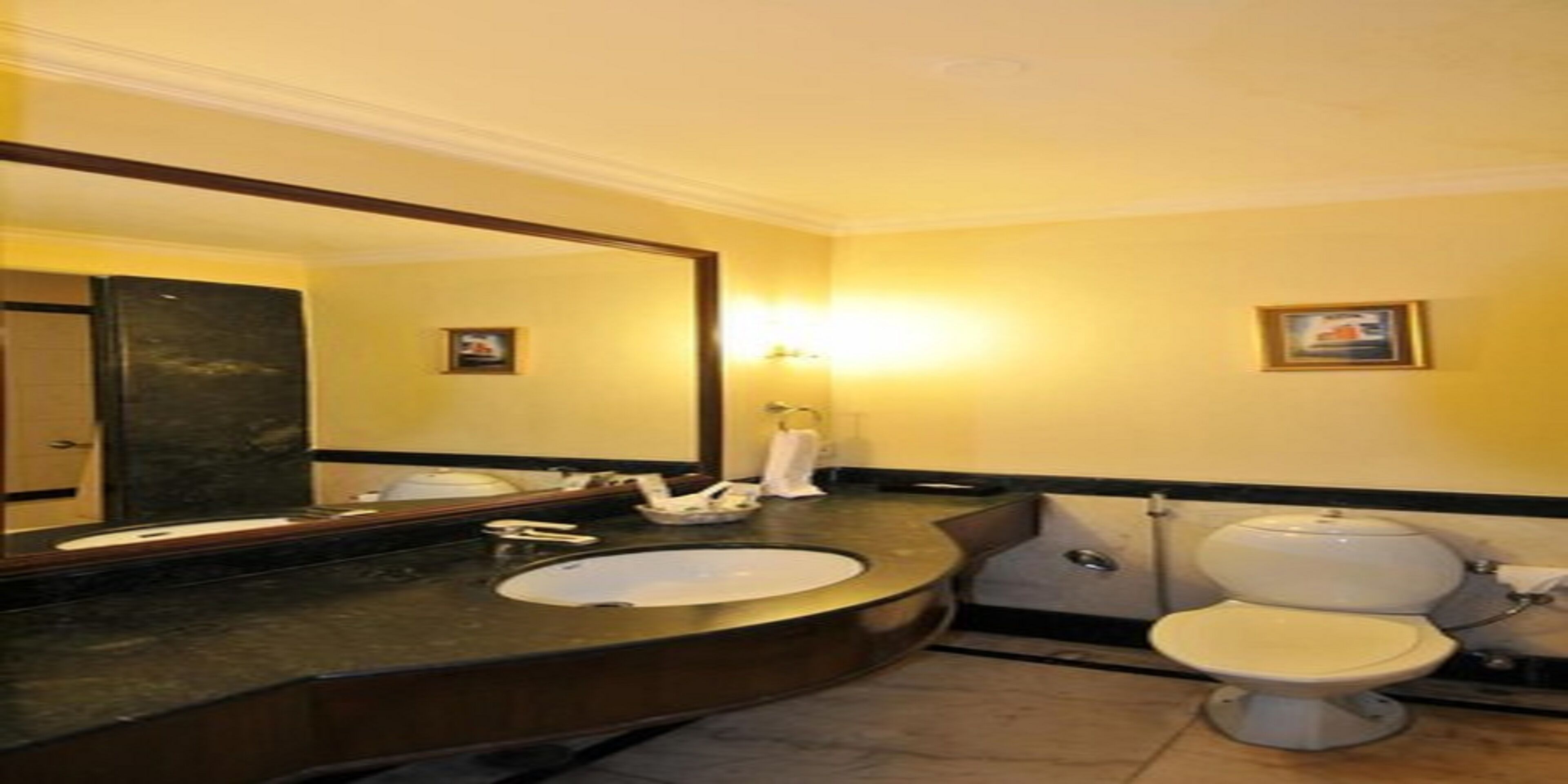 Une salle de bain avec un grand miroir, un lavabo, des toilettes et un porte-serviettes.