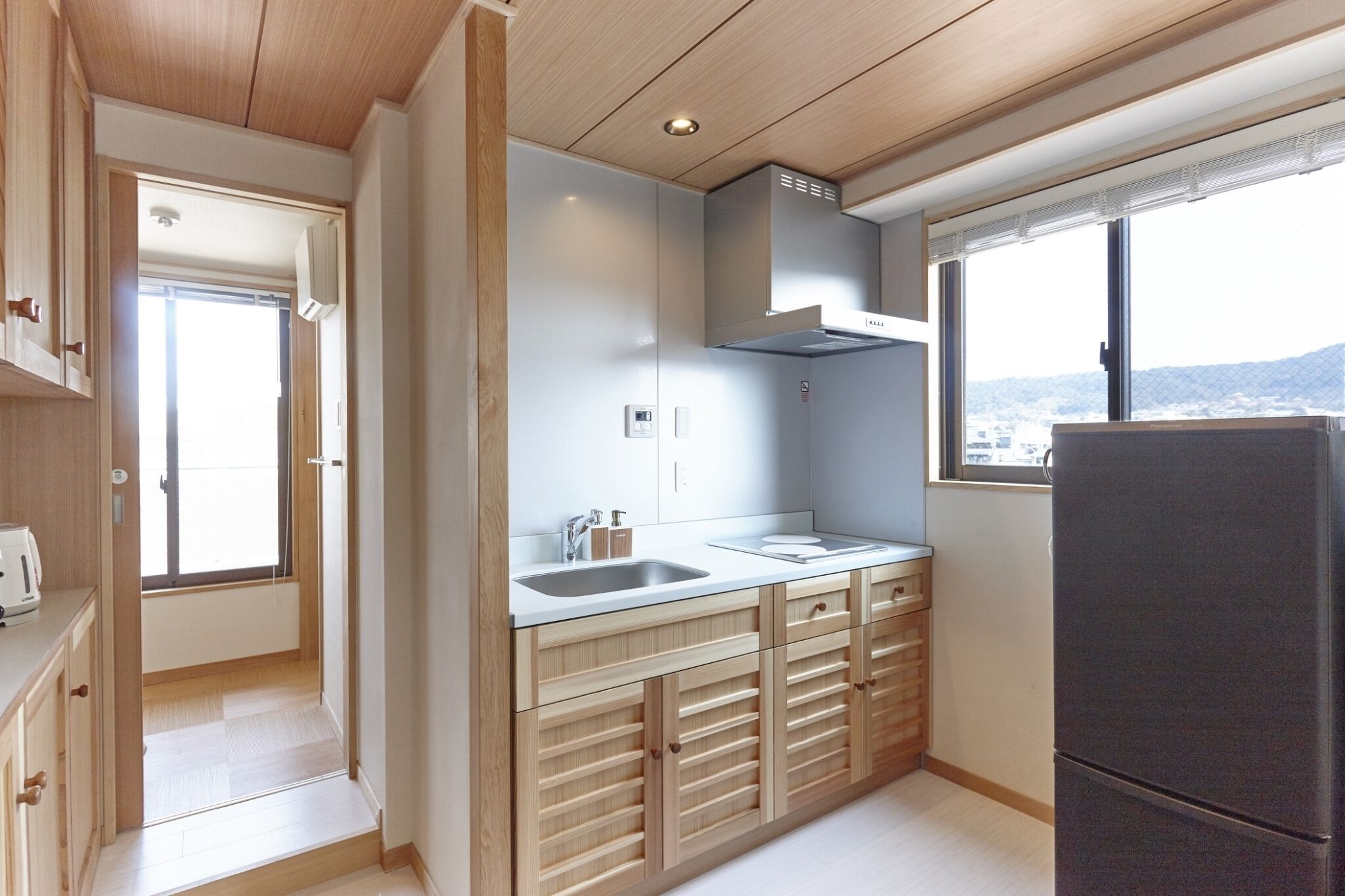 Fridge, microwave, stovetop, electric kettle