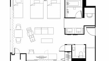 A floor plan of a hotel room with a bed, a desk, a chair, a bathroom, and a kitchenette.