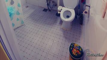 A bathroom with a shower, sink, toilet, and a shelf with toiletries.