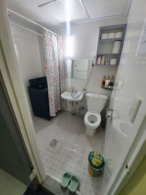 Une salle de bain avec des toilettes, un lavabo et une douche. On y trouve une étagère avec des articles de toilette et une paire de chaussons posés sur le sol.