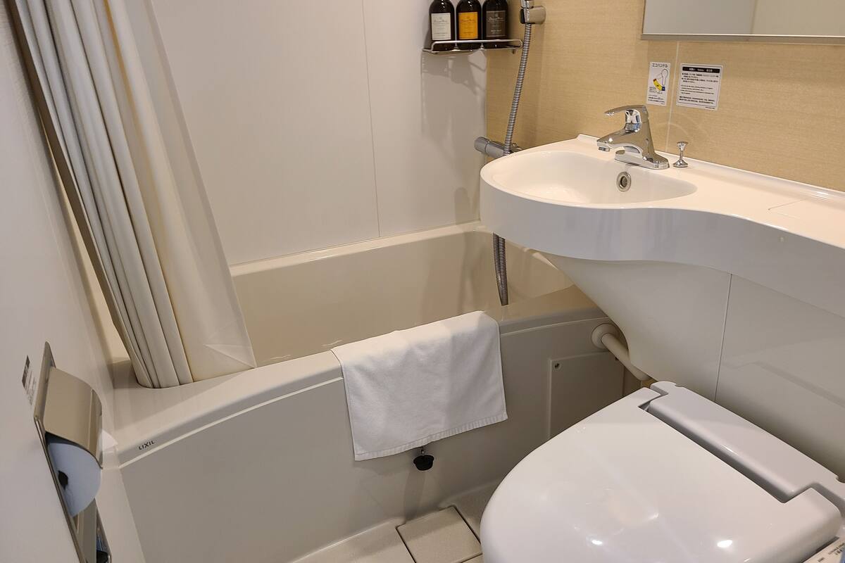 combined shower/bathtub, free toiletries, hair dryer, bathrobes