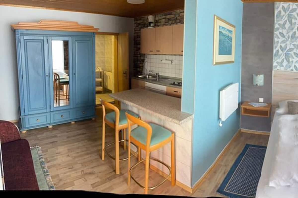 A bedroom with a large bed, two bedside tables, a nightstand, a window with curtains, a TV, and a bathroom with a shower and toilet.