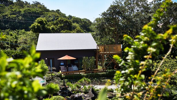 Ein Haus mit einer großen Terrasse und einem Garten.