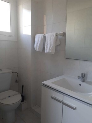 Combined shower/bathtub, towels