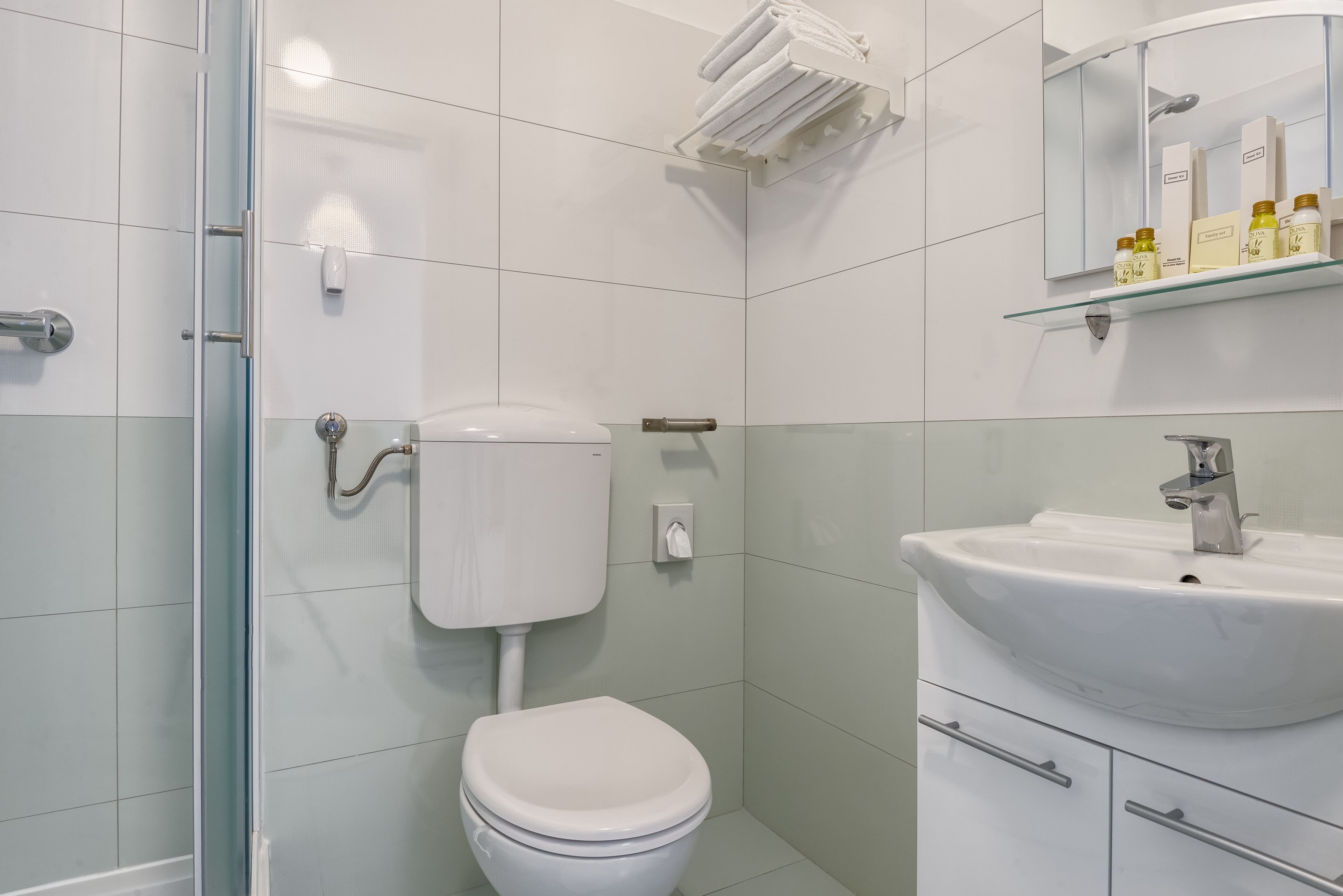 A modern bathroom with a toilet, glass shower enclosure, and a sink with toiletries.