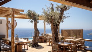 An outdoor patio with wooden furniture and olive trees, overlooking a coastal view. - Alissachni Mykonos (Mykonos)