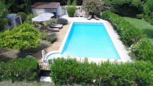 A rectangular swimming pool surrounded by a wooden deck, with lounge chairs and a small garden area with flowering plants.