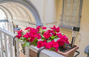 En balkong med en krukväxt som har rosa blommor.