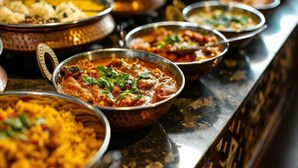 Un bufé con diversos platos, entre ellos curris y arroz.
