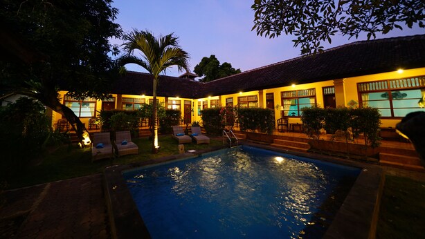 A hotel courtyard with a swimming pool, lounge chairs, and a palm tree. - Mangga Bungalow (Denpasar)