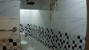 Shower, rainfall showerhead, designer toiletries, bathrobes