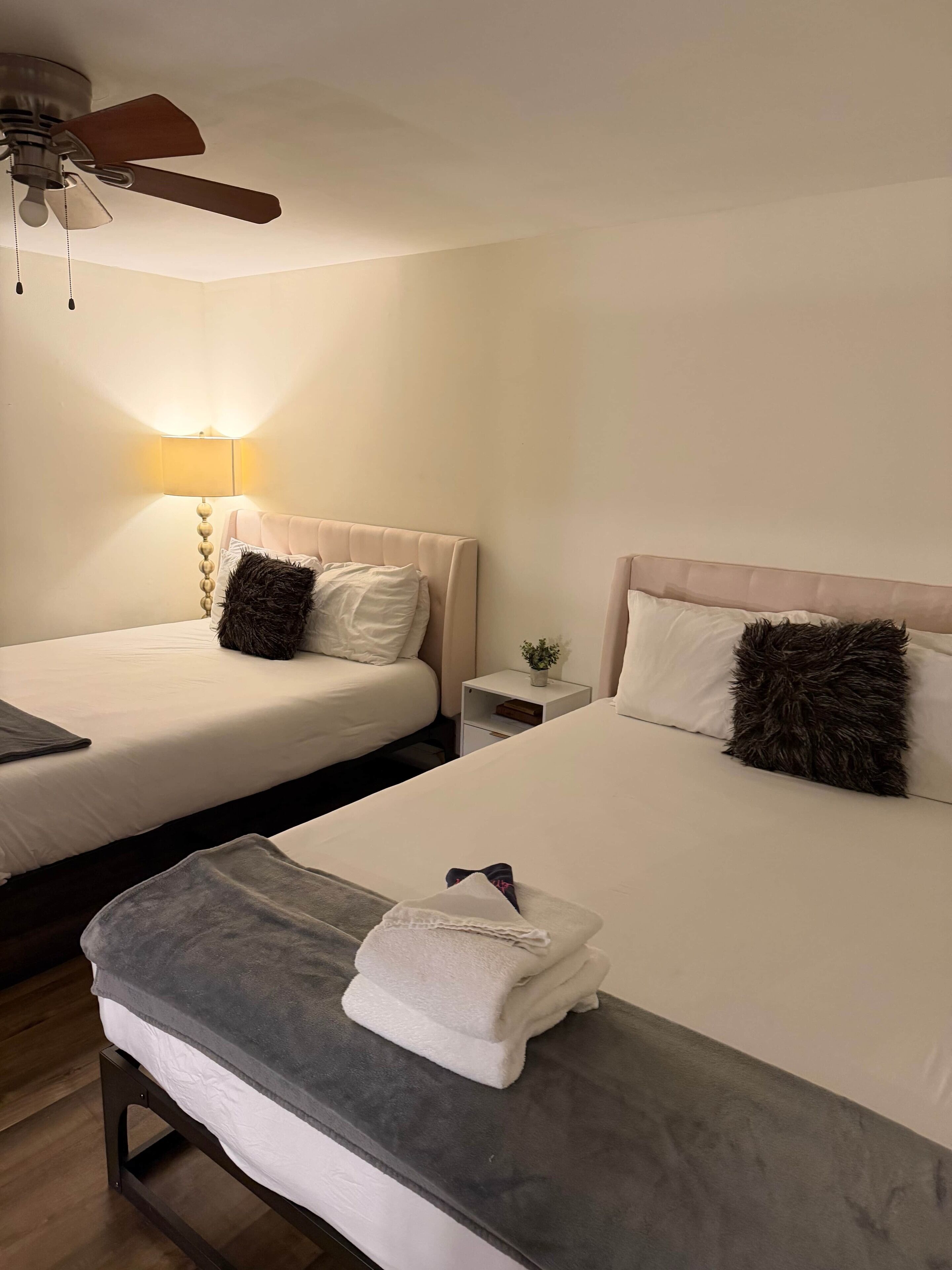 A hotel room with two beds, a ceiling fan, a bedside lamp, and a small nightstand with a plant.