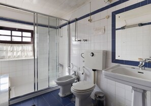 Shower, bidet, towels, soap