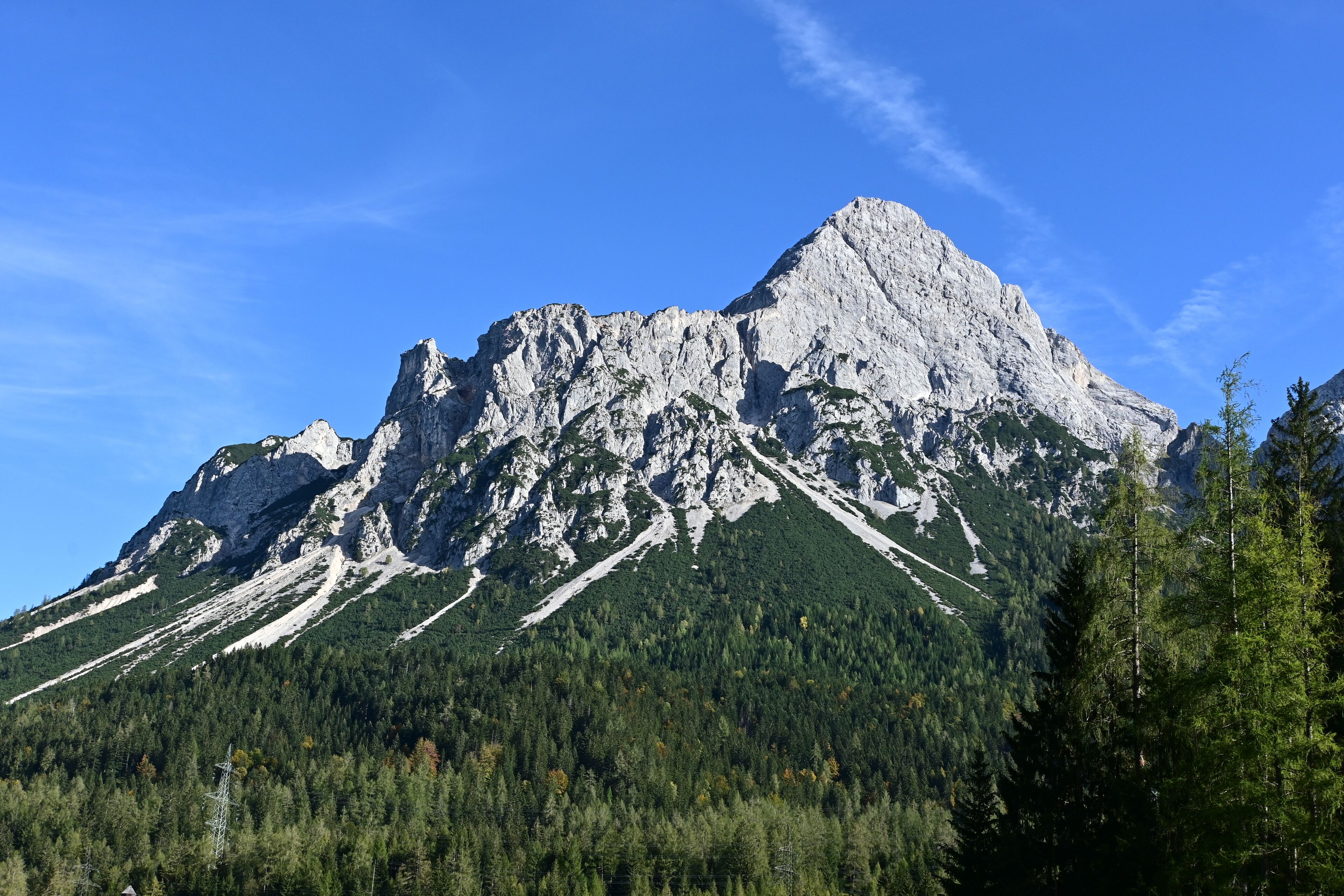 A mountain with a rocky peak and dense forest at its base.