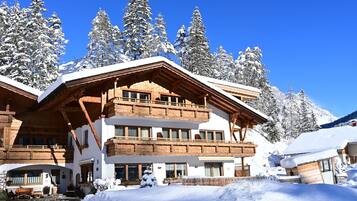 Een houten chalet met meerdere balkons, omringd door sneeuwbedekte bomen en een heldere blauwe lucht.