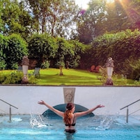 Outdoor pool, pool umbrellas, pool loungers