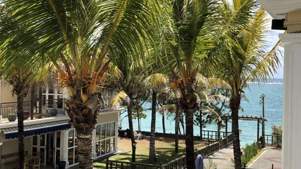 Ein Küstenhotel mit Palmen, einem Pool und Meerblick.