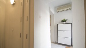 A hallway with white walls, a potted plant on a cabinet, and a doormat on the floor.
