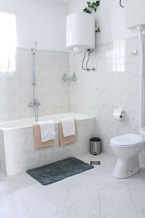A modern bathroom with a bathtub, a toilet, and a shower.